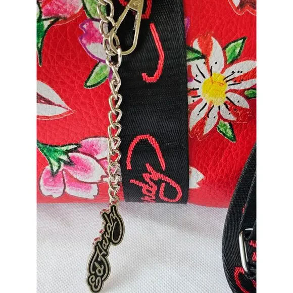 Ed Hardy Love Kills Slowly Large Weekender Duffle Travel Bag Red Faux Leather - Picture 4 of 12